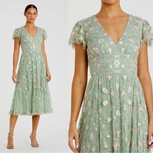 Mac Duggal 35104 Size‎ 16 Green Floral Embroidered V-Neck Cap Sleeve Midi Dress